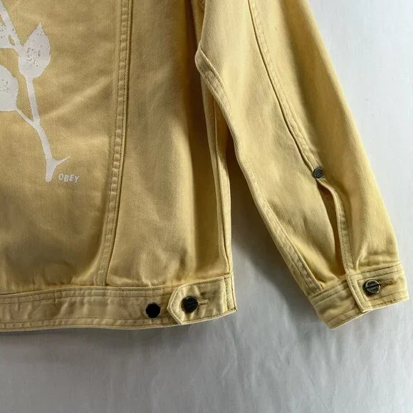 OBEY Denim Trucker Jacket Womens S Graphic Rose Button Front Long Sleeve Yellow - Picture 11 of 13